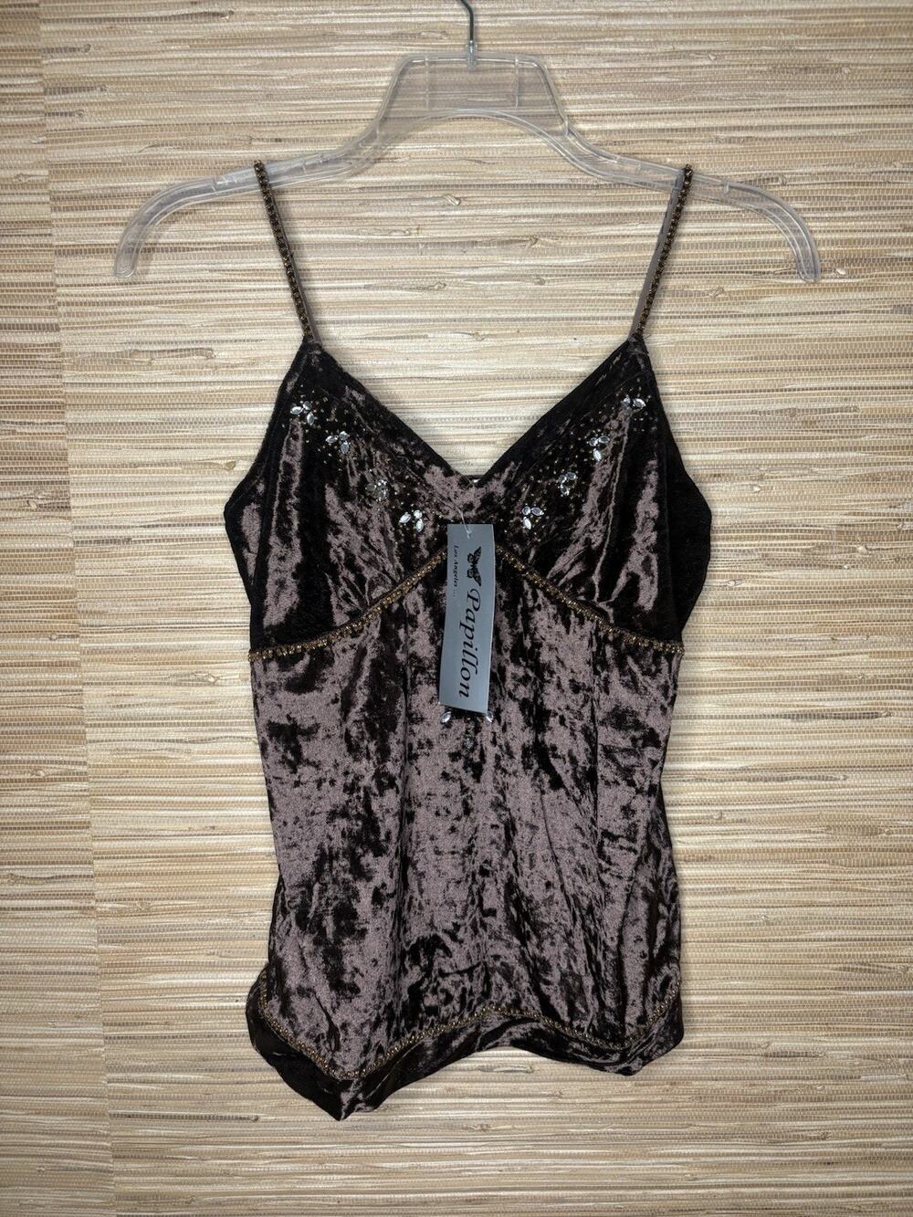 NWT Papillon Los Angeles Crushed Velvet Camisole Tank Top Vintage Y2K Brown Sz M